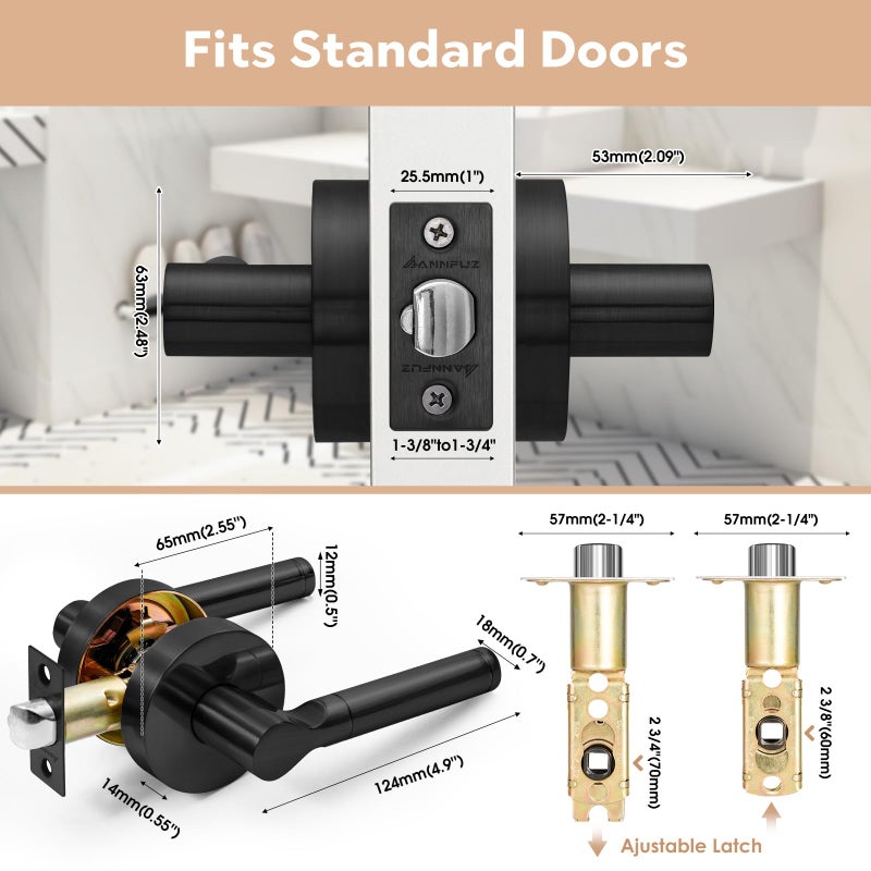 ANNFUZ Round Passage Free Rotation Non-Locking Door Handle Lock Without Key,Heavy Duty Interior Keyless Lever for Hallway/Closet,Reversible Left/Right Knob,Only Latching Required (Matte Black) - Image 2